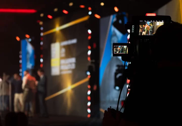 A behind the scenes look showing the stage of our video production in Oxfordshire with the camera view finder in shot